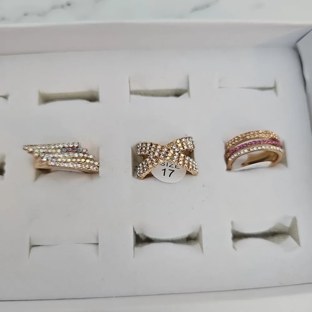 3pc Ring Set Gold Rhinestone Criss Cross Cocktail Jewelry